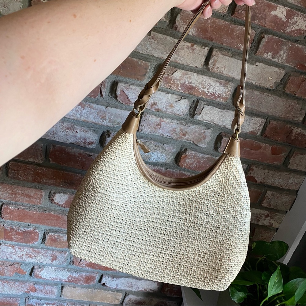 Fossil Diamond Weave Straw Purse Leather Trim